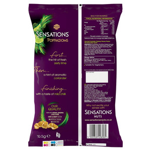 Walkers Sensations Lime and Coriander Chutney Poppadoms, 82.5g, pack shot 2, available at crisps.biz