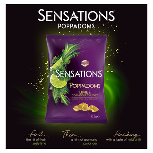 Walkers Sensations Lime and Coriander Chutney Poppadoms, 82.5g, pack shot 3, available at crisps.biz