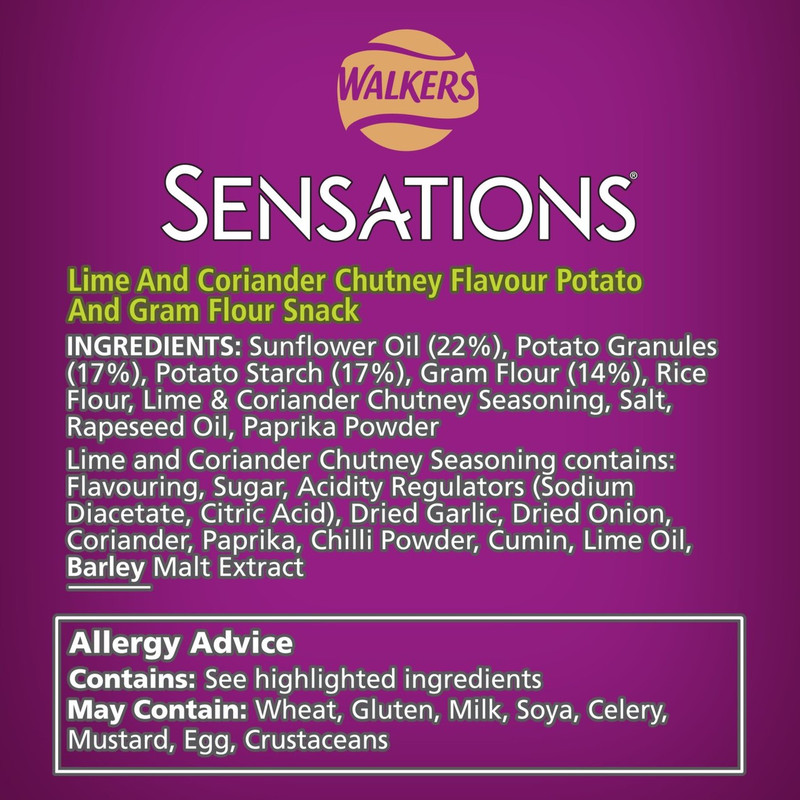 Walkers Sensations Lime and Coriander Chutney Poppadoms, 82.5g, pack shot 4, available at crisps.biz