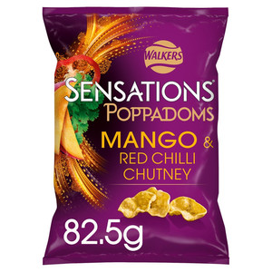 Walkers Sensations Mango and Red Chilli Chutney Poppadoms, 82.5g, front of pack, available at crisps.biz