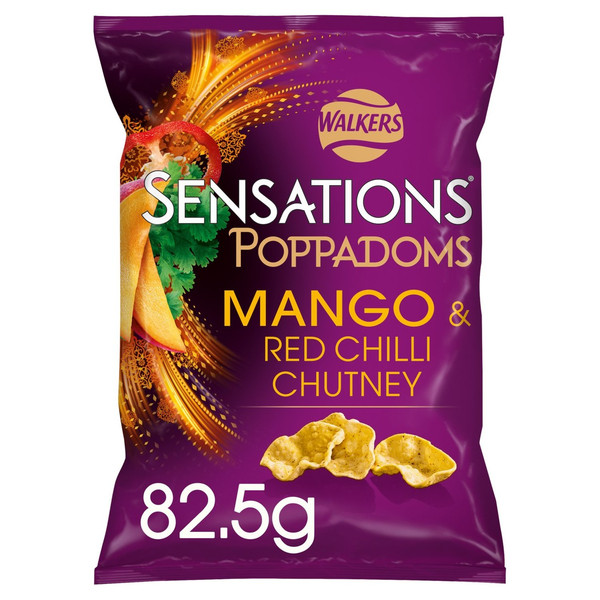 Walkers Sensations Mango and Red Chilli Chutney Poppadoms, 82.5g, front of pack, available at crisps.biz