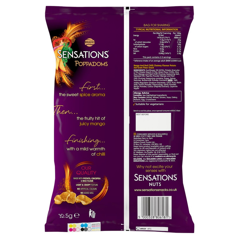 Walkers Sensations Mango and Red Chilli Chutney Poppadoms, 82.5g, pack shot 2, available at crisps.biz