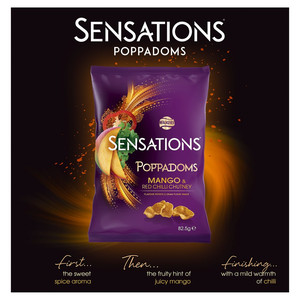 Walkers Sensations Mango and Red Chilli Chutney Poppadoms, 82.5g, pack shot 3, available at crisps.biz