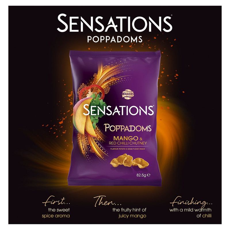Walkers Sensations Mango and Red Chilli Chutney Poppadoms, 82.5g, pack shot 3, available at crisps.biz