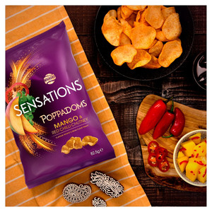 Walkers Sensations Mango and Red Chilli Chutney Poppadoms, 82.5g, pack shot 4, available at crisps.biz