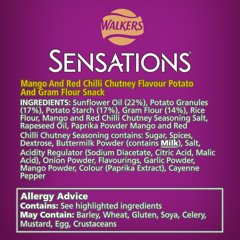 Walkers Sensations Mango and Red Chilli Chutney Poppadoms, 82.5g, pack shot 5, available at crisps.biz