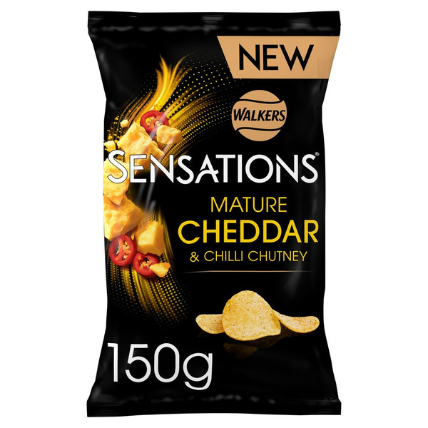 Walkers Sensations Mature Cheddar and Chilli Chutney Crisps, 150g, front of pack, available at crisps.biz
