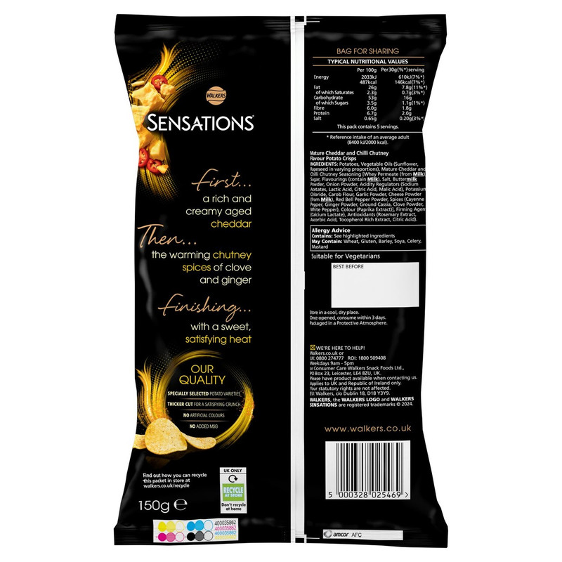 Walkers Sensations Mature Cheddar and Chilli Chutney Crisps, 150g, pack shot 2, available at crisps.biz