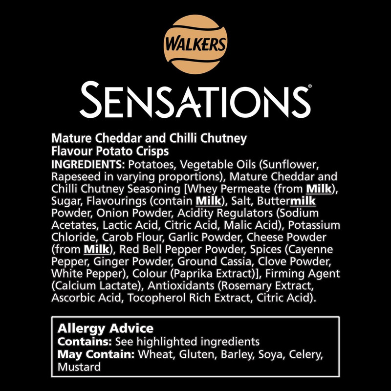 Walkers Sensations Mature Cheddar and Chilli Chutney Crisps, 150g, pack shot 4, available at crisps.biz