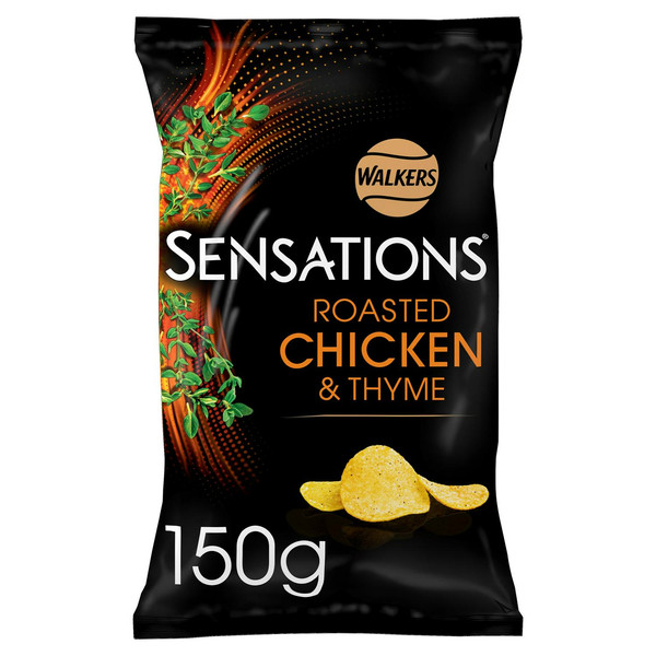 Walkers Sensations Roasted Chicken and Thyme Crisps, 150g, front of pack, available at crisps.biz