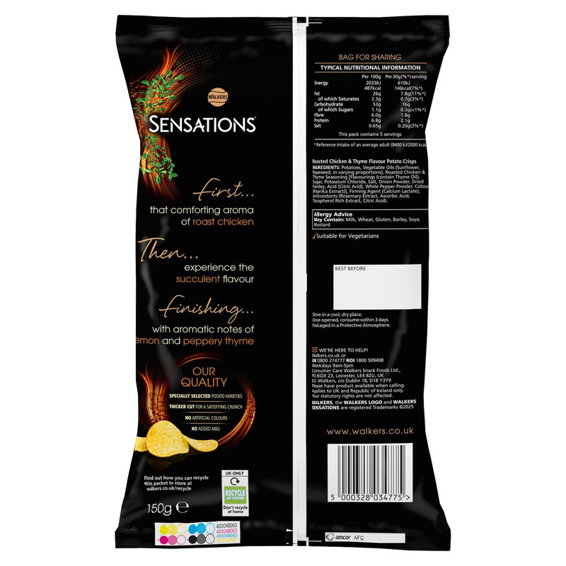 Walkers Sensations Roasted Chicken and Thyme Crisps, 150g, pack shot 2, available at crisps.biz