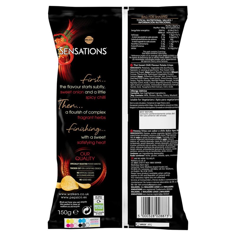 Walkers Sensations Thai Sweet Chilli Crisps, 150g, pack shot 2, available at crisps.biz