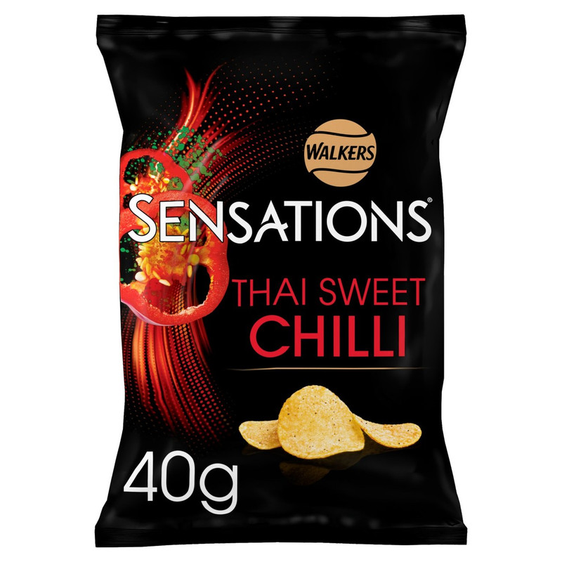 Walkers Sensations Thai Sweet Chilli Crisps, 40g, front of pack, available at crisps.biz