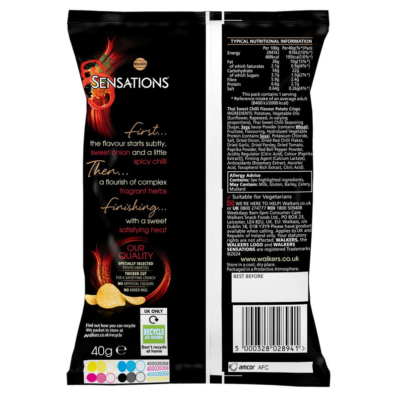 Walkers Sensations Thai Sweet Chilli Crisps, 40g, pack shot 2, available at crisps.biz