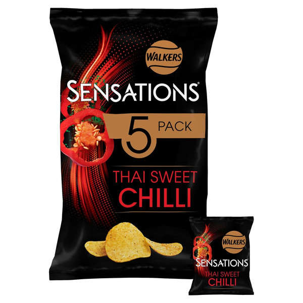 Walkers Sensations Thai Sweet Chilli Crisps, 5 x 25g, front of pack, available at crisps.biz