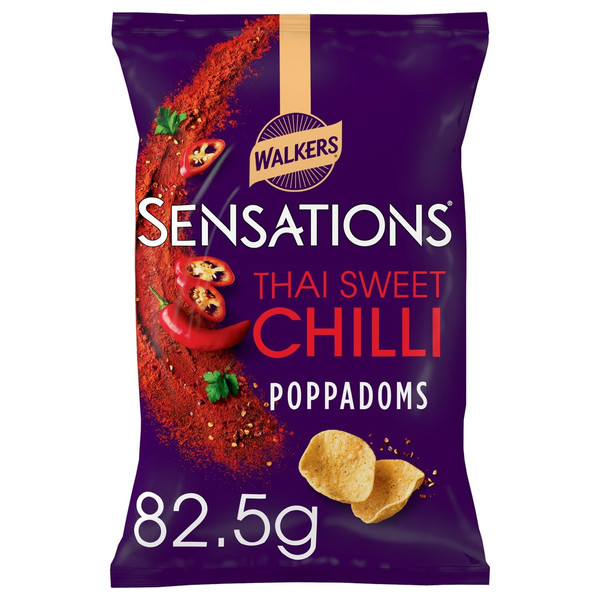 Walkers Sensations Thai Sweet Chilli Poppadoms, 82.5g, front of pack, available at crisps.biz