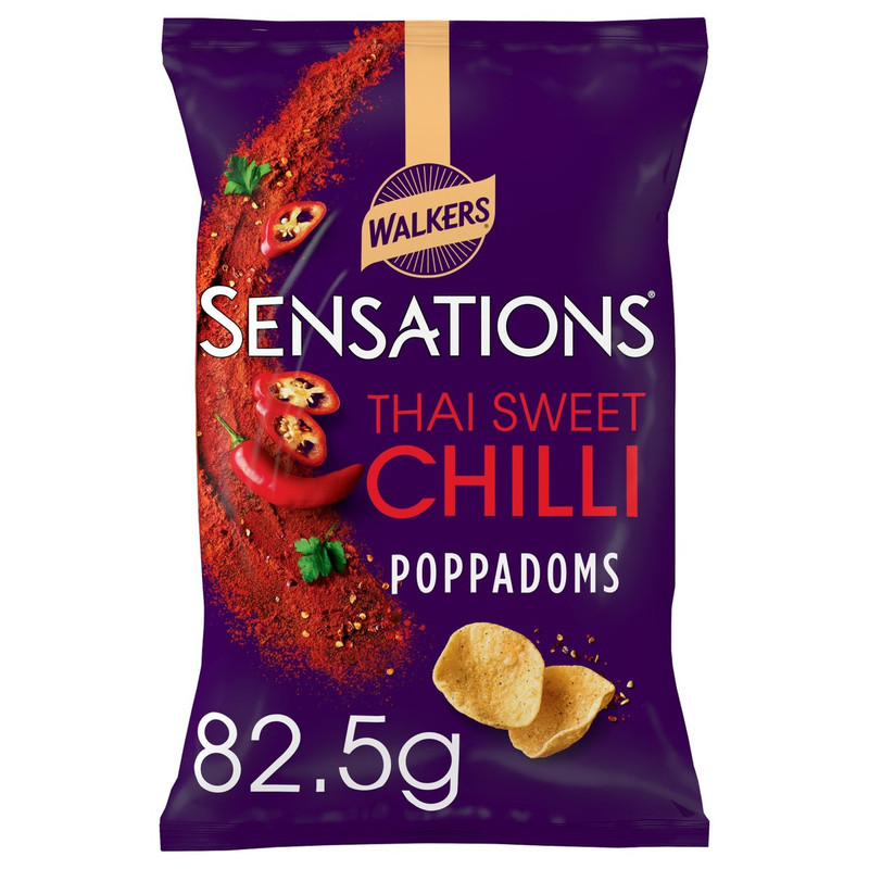 Walkers Sensations Thai Sweet Chilli Poppadoms, 82.5g, front of pack, available at crisps.biz