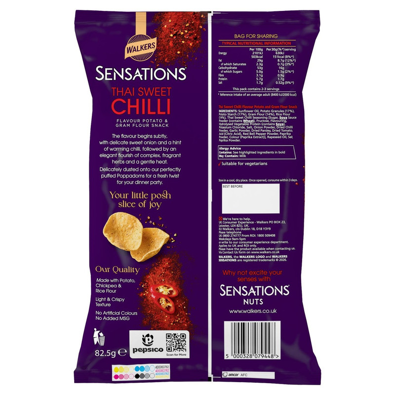 Walkers Sensations Thai Sweet Chilli Poppadoms, 82.5g, pack shot 2, available at crisps.biz