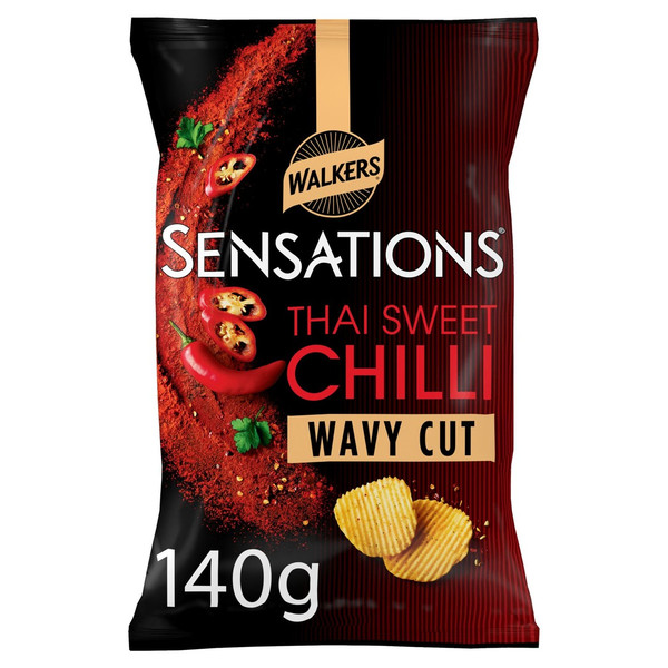 Walkers Sensations Thai Sweet Chilli Wavy Crisps, 140g, front of pack, available at crisps.biz