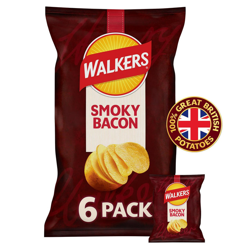 Walkers Smoky Bacon Crisps, 6 x 25g, front of pack, available at crisps.biz
