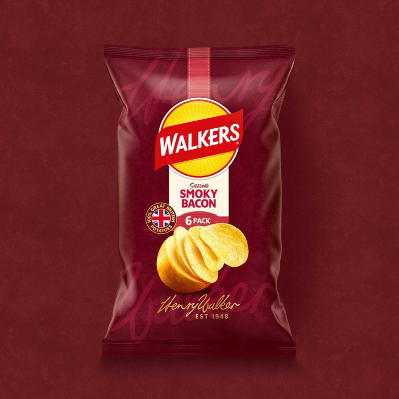 Walkers Smoky Bacon Crisps, 6 x 25g, pack shot 3, available at crisps.biz