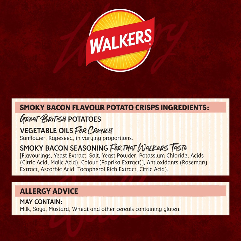 Walkers Smoky Bacon Crisps, 6 x 25g, pack shot 5, available at crisps.biz