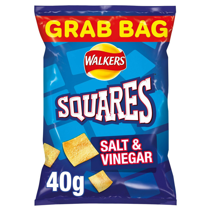 Walkers Squares Salt and Vinegar Snacks, 40g, front of pack, available at crisps.biz