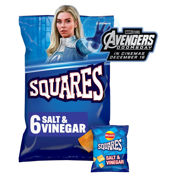Walkers Squares Salt and Vinegar Snacks, 6 x 22g, front of pack, available at crisps.biz