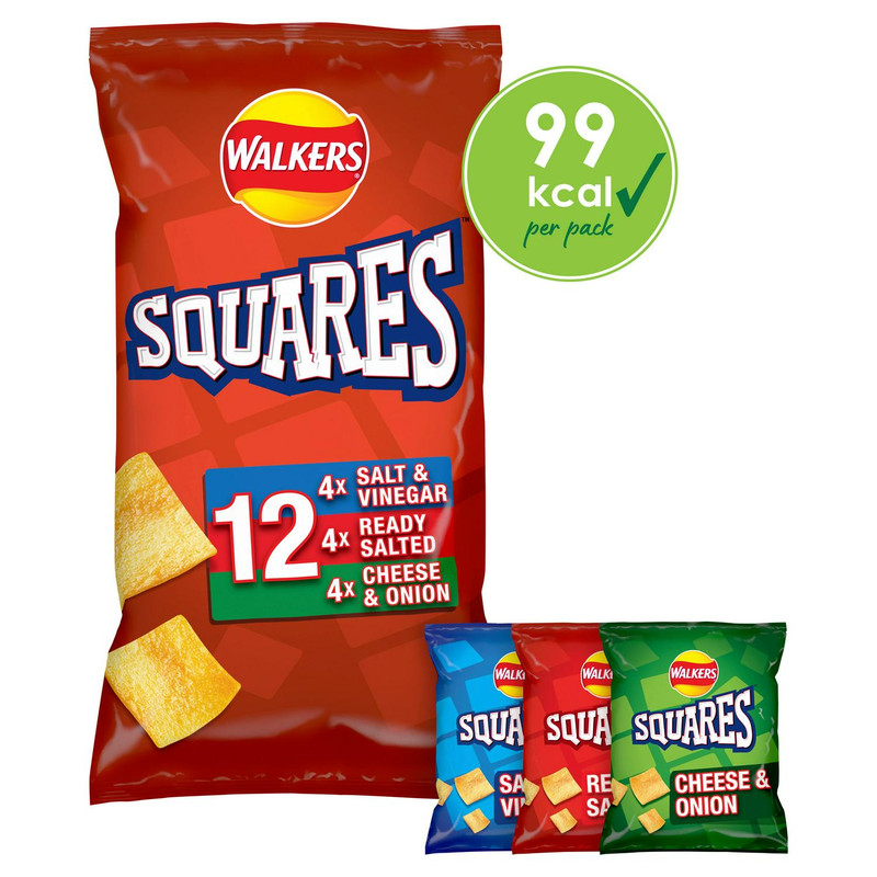 Walkers Squares Variety Snacks, 12 x 22g, front of pack, available at crisps.biz