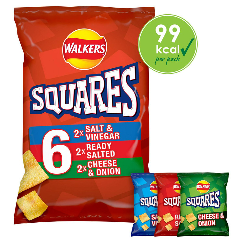 Walkers Squares Variety Snacks, 6 x 22g, front of pack, available at crisps.biz
