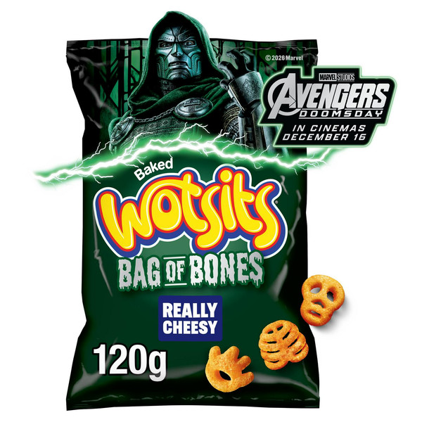 Walkers Wotsits Bag of Bones Cheese Corn Puffs, 120g, front of pack, available at crisps.biz