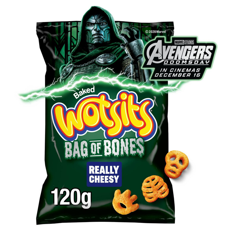 Walkers Wotsits Bag of Bones Cheese Corn Puffs, 120g, front of pack, available at crisps.biz