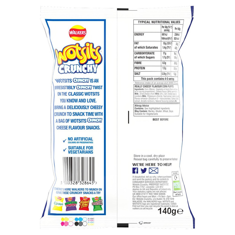 Walkers Wotsits Crunchy Really Cheesy Snacks, 140g, pack shot 4, available at crisps.biz