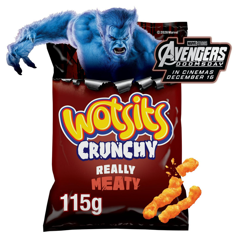 Walkers Wotsits Crunchy Really Meaty Corn Puffs, 115g, front of pack, available at crisps.biz