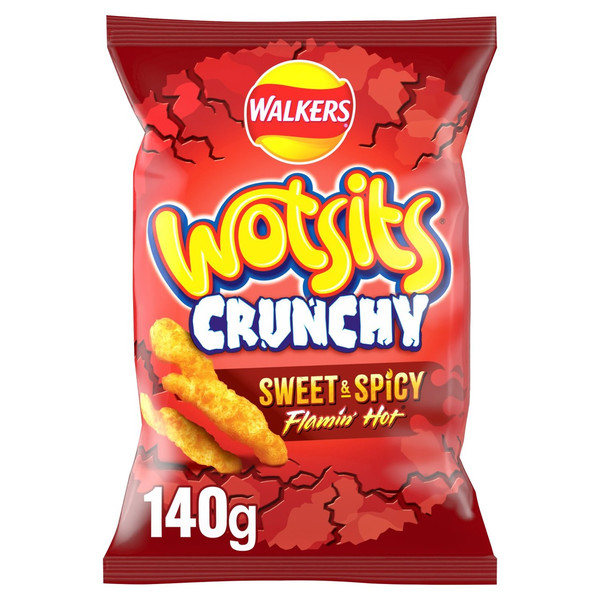 Walkers Wotsits Crunchy Sweet and Spicy Snacks, 140g, front of pack, available at crisps.biz