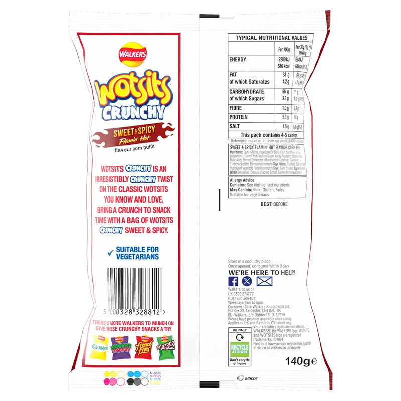 Walkers Wotsits Crunchy Sweet and Spicy Snacks, 140g, pack shot 2, available at crisps.biz
