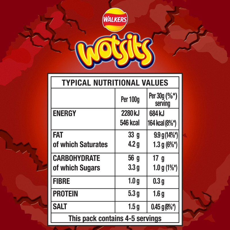 Walkers Wotsits Crunchy Sweet and Spicy Snacks, 140g, pack shot 4, available at crisps.biz