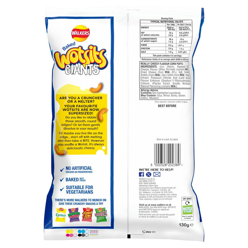 Walkers Wotsits Giants Really Cheesy Snacks, 130g, pack shot 2, available at crisps.biz
