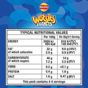 Walkers Wotsits Giants Really Cheesy Snacks, 130g, pack shot 3, available at crisps.biz