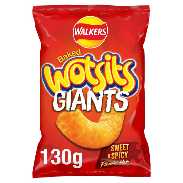 Walkers Wotsits Giants Sweet and Spicy Snacks, 130g, front of pack, available at crisps.biz