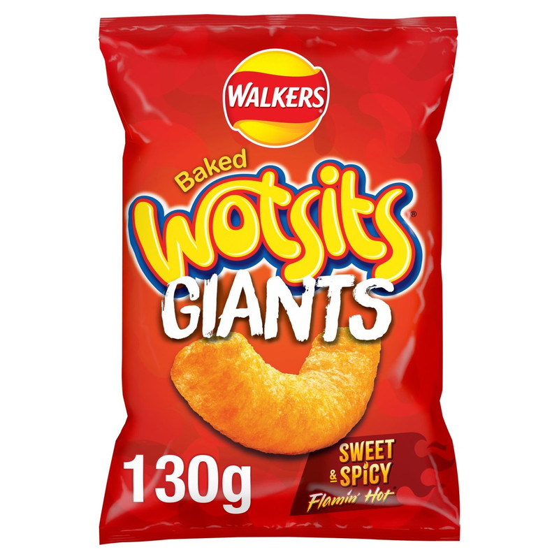 Walkers Wotsits Giants Sweet and Spicy Snacks, 130g, front of pack, available at crisps.biz