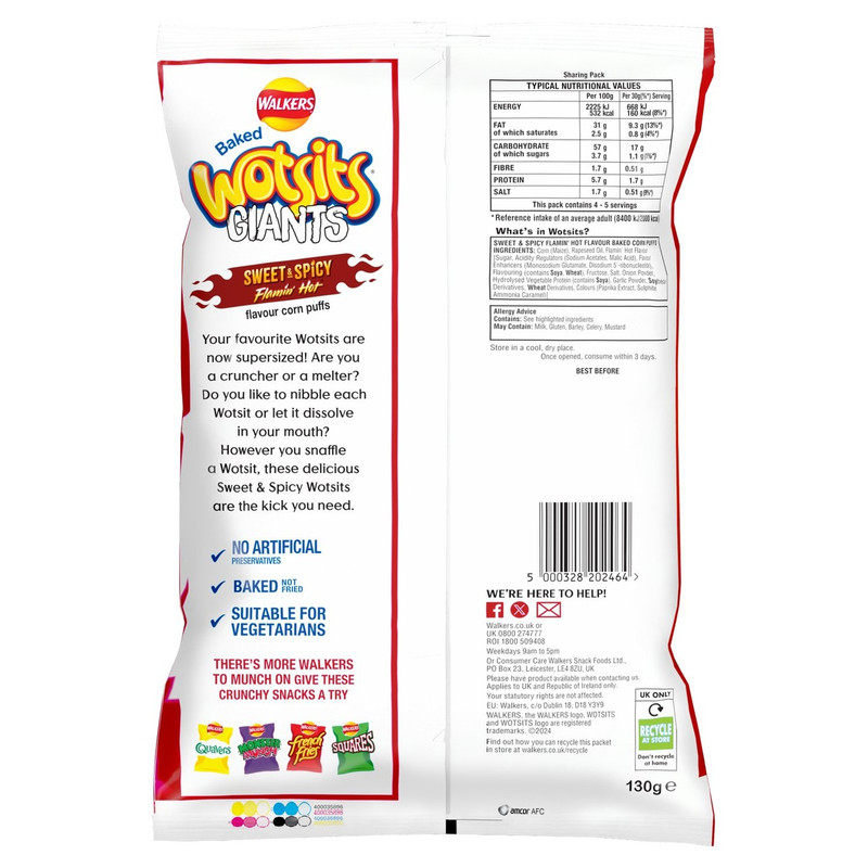 Walkers Wotsits Giants Sweet and Spicy Snacks, 130g, pack shot 2, available at crisps.biz
