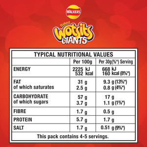 Walkers Wotsits Giants Sweet and Spicy Snacks, 130g, pack shot 4, available at crisps.biz