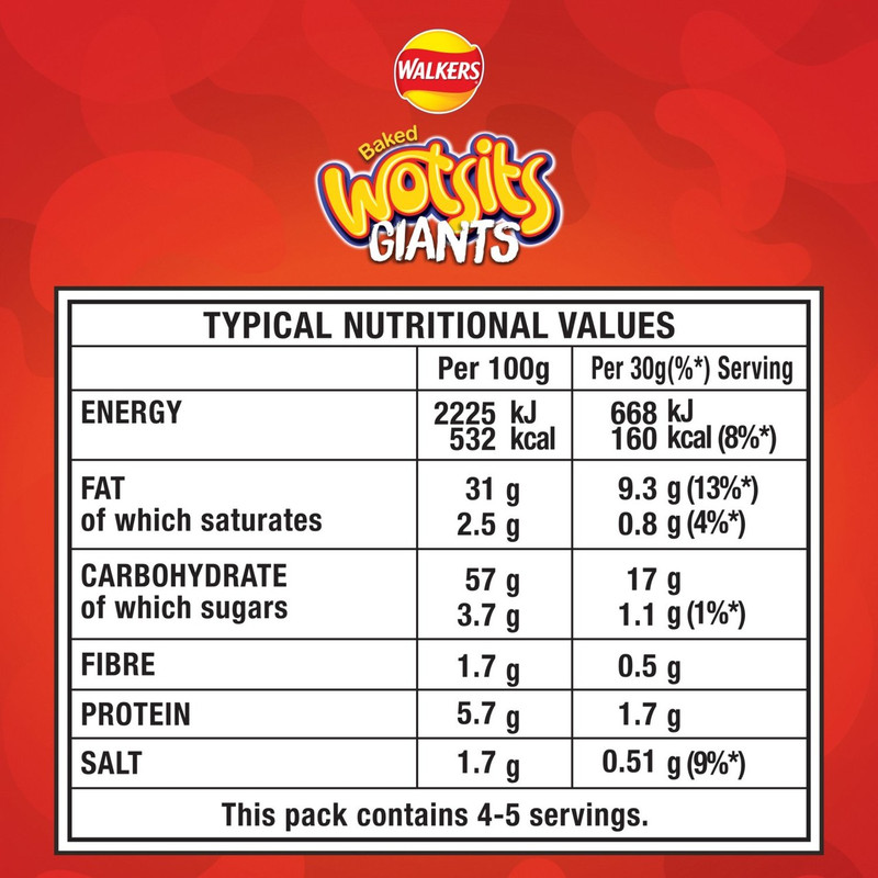 Walkers Wotsits Giants Sweet and Spicy Snacks, 130g, pack shot 4, available at crisps.biz