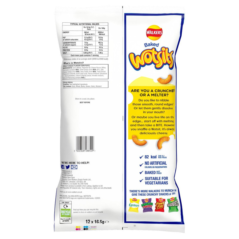 Walkers Wotsits Really Cheesy Snacks, 12 x 16.5g, pack shot 2, available at crisps.biz