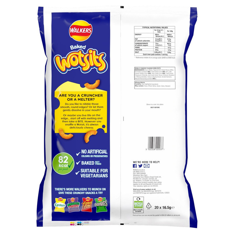 Walkers Wotsits Really Cheesy Snacks, 20 x 16.5g, pack shot 2, available at crisps.biz