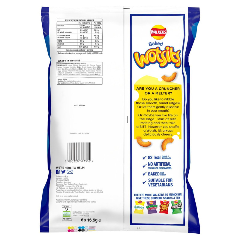 Walkers Wotsits Really Cheesy Snacks, 6 x 16.5g, pack shot 2, available at crisps.biz