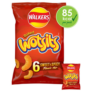 Walkers Wotsits Sweet and Spicy Snacks, 6 x 16g, front of pack, available at crisps.biz