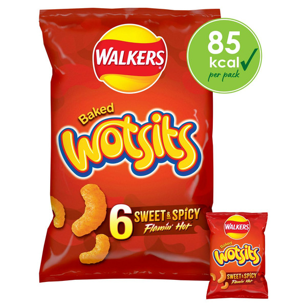Walkers Wotsits Sweet and Spicy Snacks, 6 x 16g, front of pack, available at crisps.biz