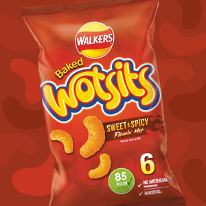 Walkers Wotsits Sweet and Spicy Snacks, 6 x 16g, pack shot 3, available at crisps.biz